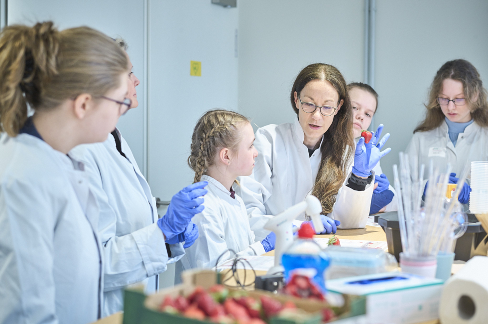 Girls'Day-Teilnehmerinnen machen Experimente mit Erdbeeren